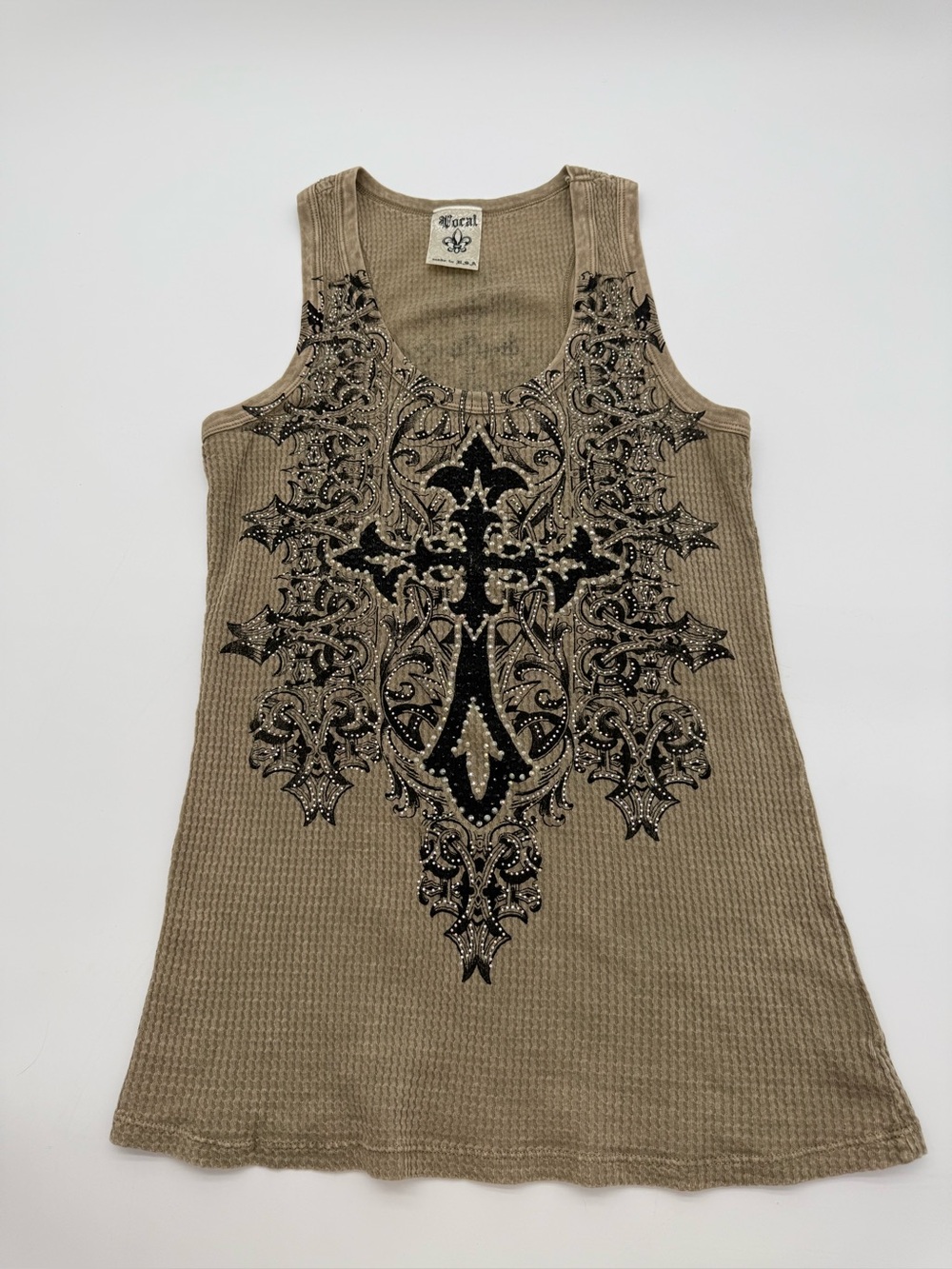 Vocal Apparel Womens Biker Crystal White Black Cross Tank Top Shirt M Medium USA